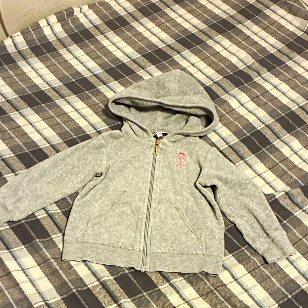 Juicy Couture Girls Velour Hooded Full Zip Jacket Gray/Pink Logo 12-18M